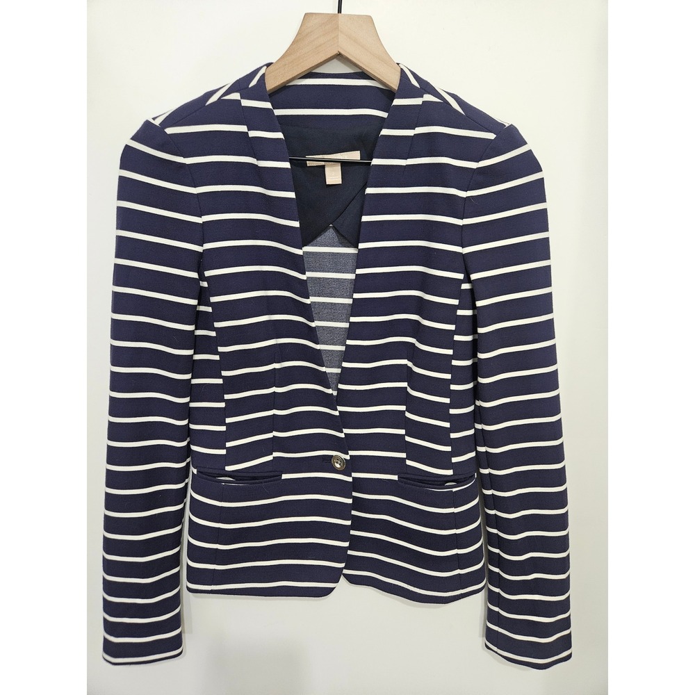 Banana Republic Striped Knit Blazer Navy Blue White Collarless Jacket Size 2